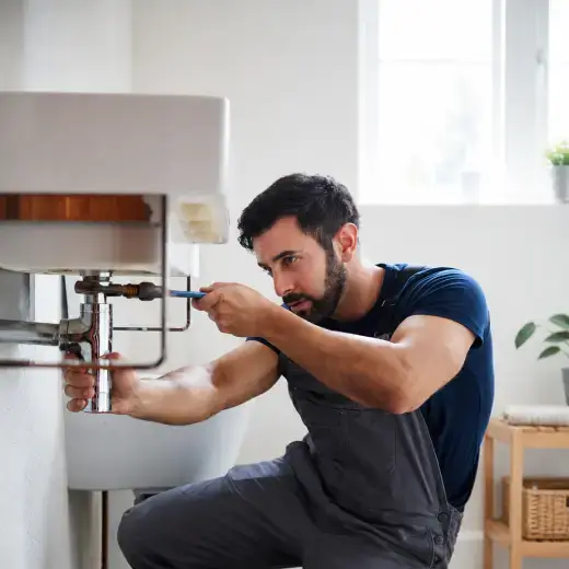 Plumber repairing a sink pipe under a bathroom basin